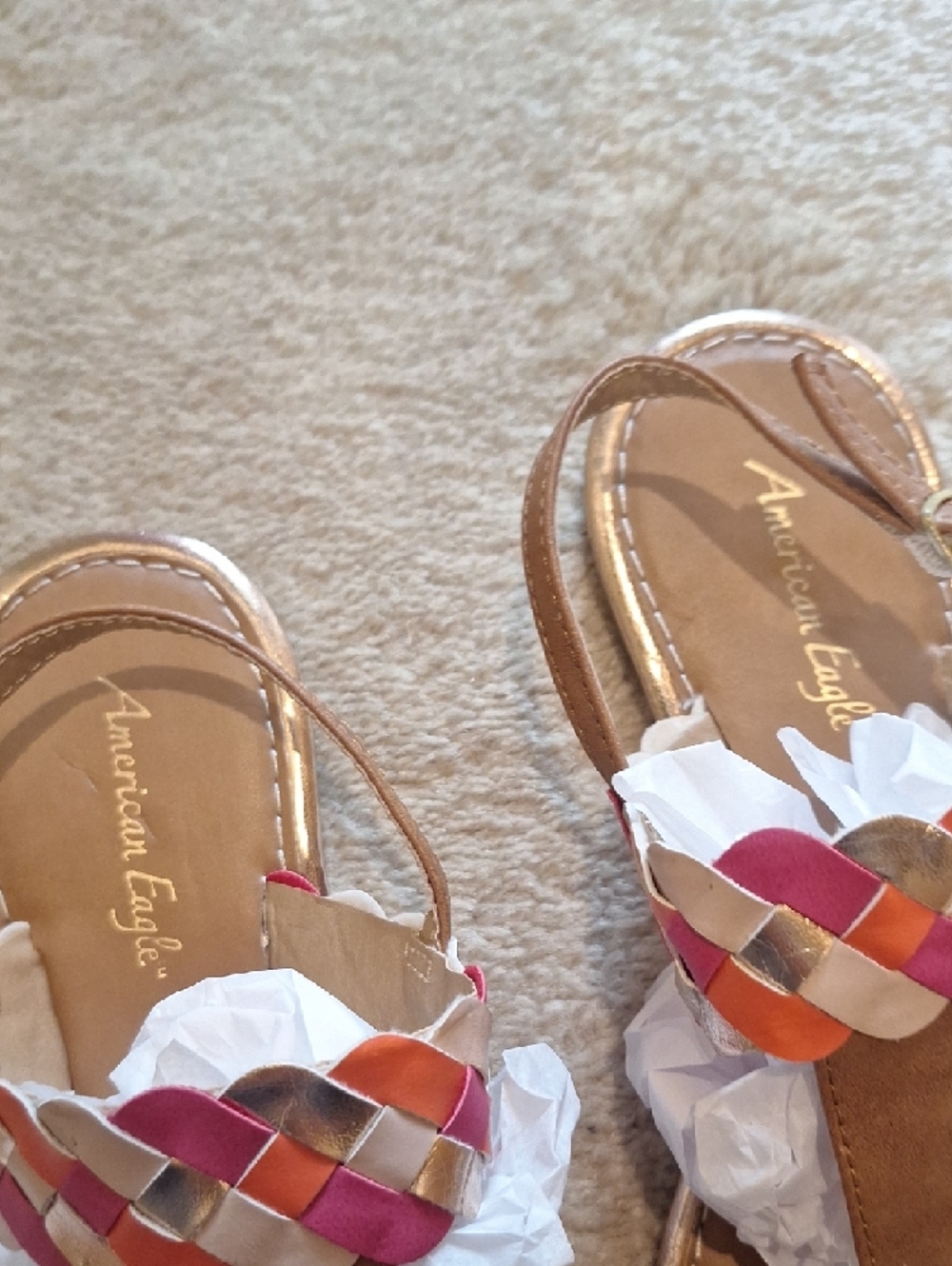 American Eagle Braided T-Strap Sandals in Tan with Pink, Orange & Gold Size M - Picture 3 of 5